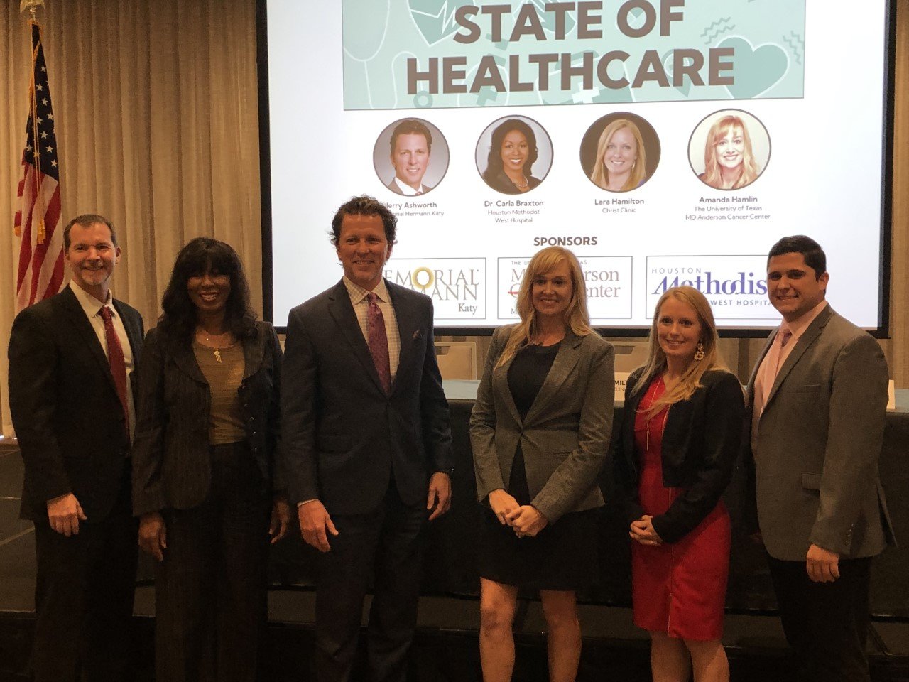 Jason Hodge, Carla Braxton, Jerry Ashworth, Amanda Hamlin, Lara Hamilton, and Matthew Ferraro pose for a picture at the state of healthcare panel discussion, sponsored by the Katy area Chamber of Commerce Nov. 9.